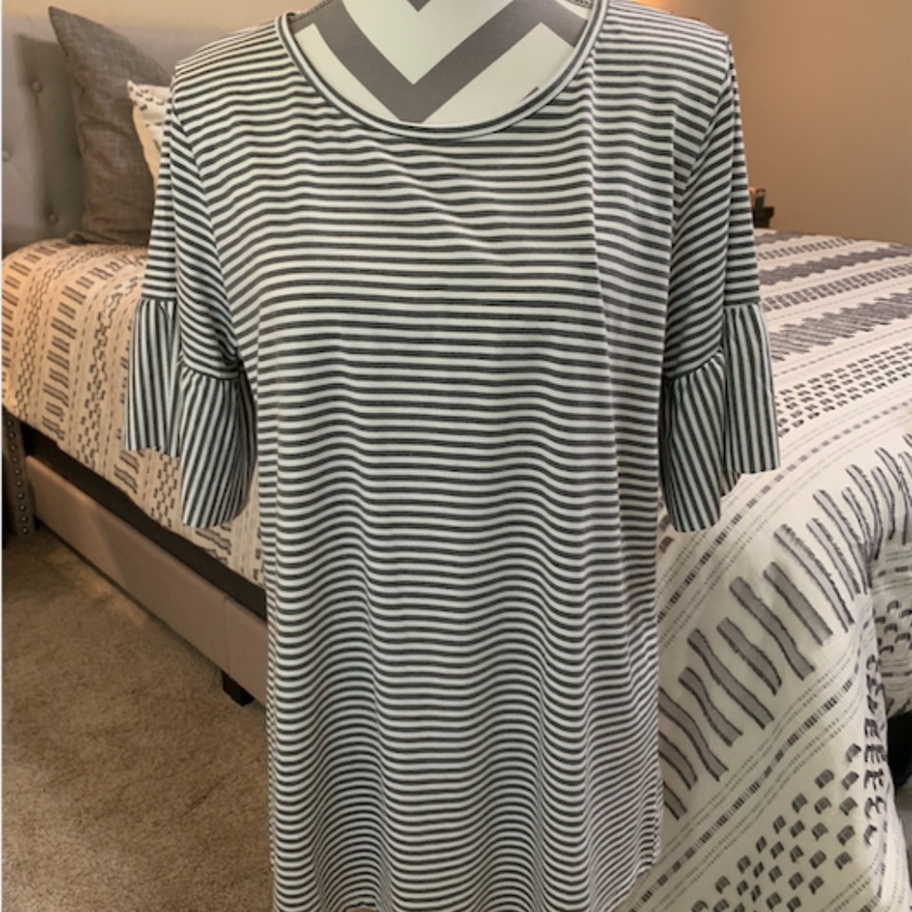 Tickled Teal Striped Tunic Top with Ruffle Sleeves L